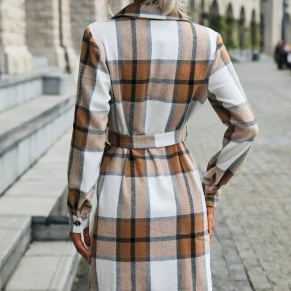 Modern casual Plaid Single Breasted Belted Shirt D - Picture 5 of 6